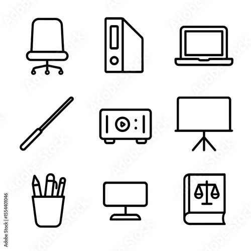 Empty Prosecution Icons. Outline icon set of Empty Prosecution Table: prosecutor chair, evidence binder, laptop open, presentation