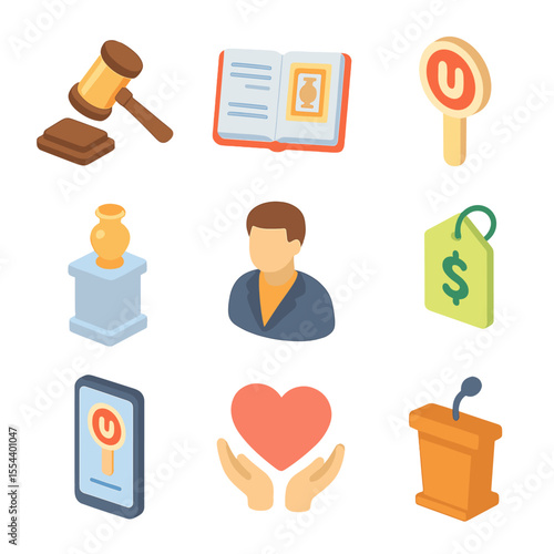 Fundraising Auction Icons. Isometric Flat icon set of fundraising auction: auctioneer gavel, auction catalog, bid paddle, item