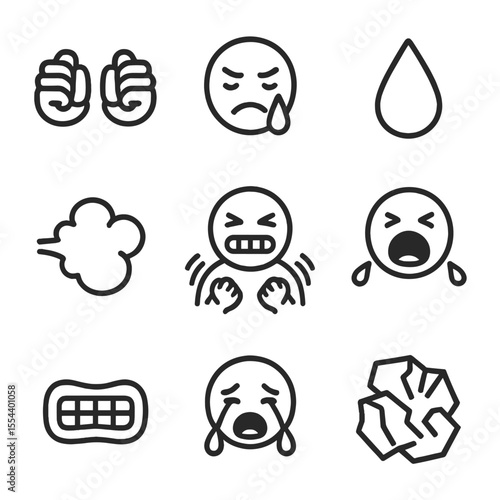Frustration Icon Set. Outline icon set of frustrated crying: clenched fists, furrowed brow, tear drop, clenched teeth, steam puff,