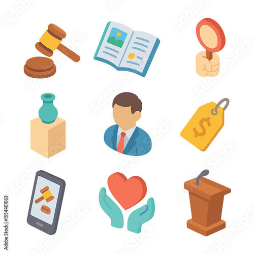 Fundraising Auction Icons. Isometric Flat icon set of fundraising auction: auctioneer gavel, auction catalog, bid paddle, item