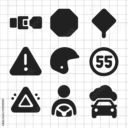 Travel Safety Icons. Solid, filled icons set of travel safety and driving rules: seatbelt icon, stop sign,