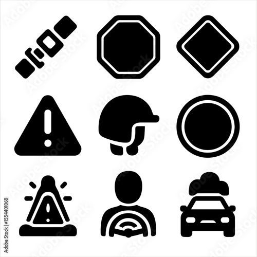 Travel Safety Icons. Solid, filled icons set of travel safety and driving rules: seatbelt icon, stop sign,