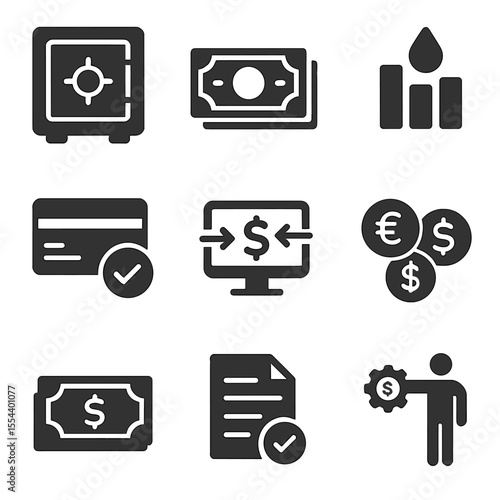 Treasury Management Icons. Solid, filled icons set of treasury management: vault icon, cash reserve, liquidity
