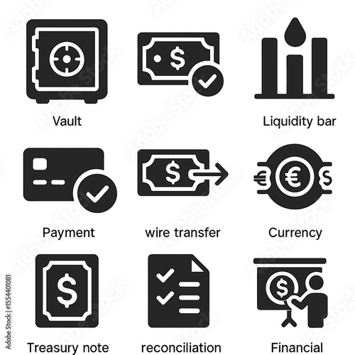 Treasury Management Icons. Solid, filled icons set of treasury management: vault icon, cash reserve, liquidity