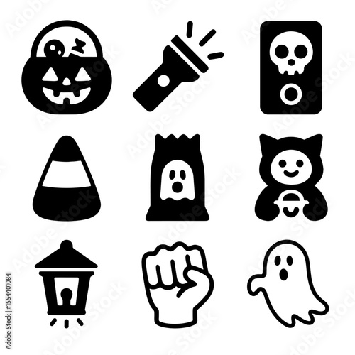 Trick-or-Treat Icon Set. Solid, filled icons set of trick-or-treat essentials: candy bucket, flashlight,