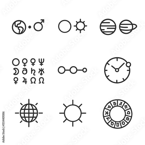 Galactic Alignment Icons. Outline icon set of Galactic Alignment and Planetary Conjunctions: Earth-Mars alignment, Venus-Sun