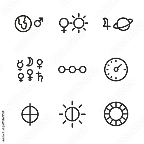 Galactic Alignment Icons. Outline icon set of Galactic Alignment and Planetary Conjunctions: Earth-Mars alignment, Venus-Sun