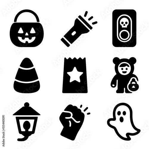 Trick-or-Treat Icon Set. Solid, filled icons set of trick-or-treat essentials: candy bucket, flashlight,