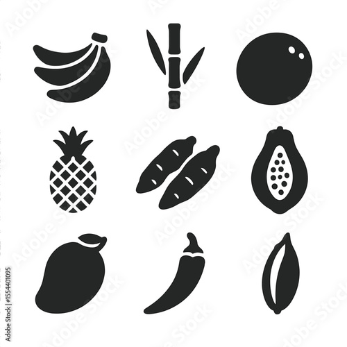 Tropical Crop Icons. Solid, filled icons set of tropical crops: banana bunch, sugarcane stalk, coconut,