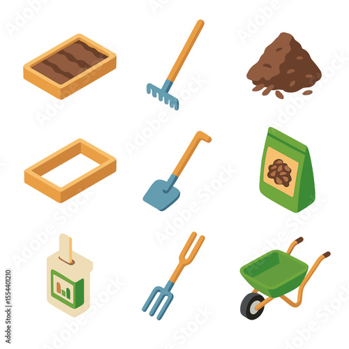 Gardening Tools Icons. Isometric Flat icon set of outdoor sowing and garden bed preparation: garden bed, soil rake, compost pile,