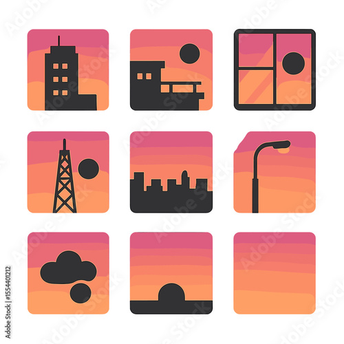 Urban Sunset Icons. Solid, filled icons set of urban sunsets: tall building silhouette, pink-orange sky,
