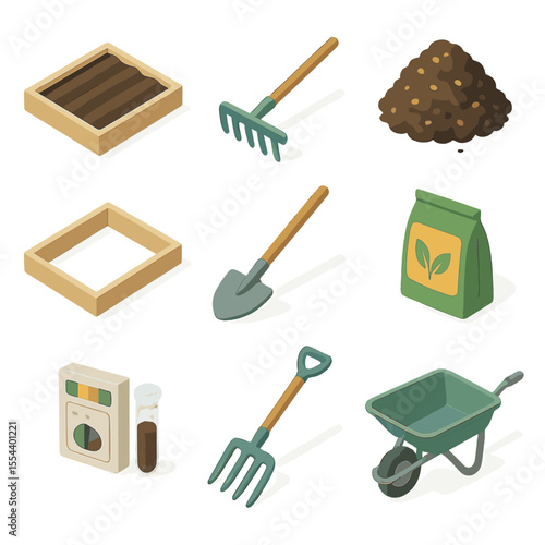 Gardening Tools Icons. Isometric Flat icon set of outdoor sowing and garden bed preparation: garden bed, soil rake, compost pile,