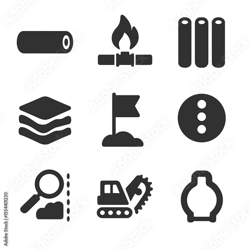 Utility Trenching Icons. Solid, filled icons set of utility trenching operations: utility pipe, gas line,