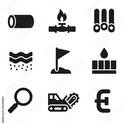 Utility Trenching Icons. Solid, filled icons set of utility trenching operations: utility pipe, gas line,