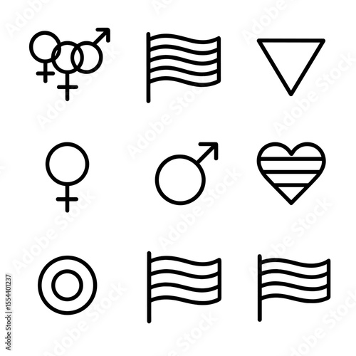 Gender Symbols Icons. Outline icon set of gender and sexuality symbols: gender symbols, pride flag, pink triangle, Venus symbol,