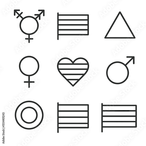 Gender Symbols Icons. Outline icon set of gender and sexuality symbols: gender symbols, pride flag, pink triangle, Venus symbol,