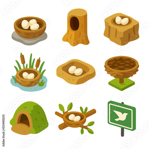 Breeding Ground Icons. Isometric Flat icon set of breeding grounds and nesting sites: nest cup with eggs, tree cavity, cliff ledge