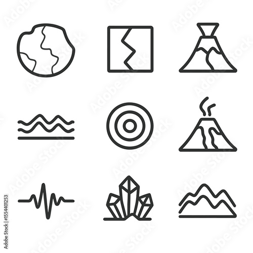Geological Icon Set. Outline icon set of Earth geological and tectonic features: tectonic plate outline, fault line, volcanic