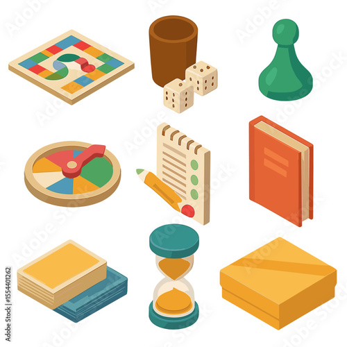 Family Game Night Icons. Isometric Flat icon set of family board game night: game board, dice cup, playing pawn, spinner dial,