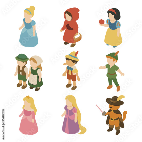 Fairy Tale Icons. Isometric Flat icon set of fairy tale characters: Cinderella, Little Red Riding Hood, Snow White, Hansel and