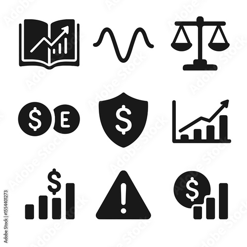 Value Investing Icons. Solid, filled icons set of value investing essentials: stock book, fundamental wave,