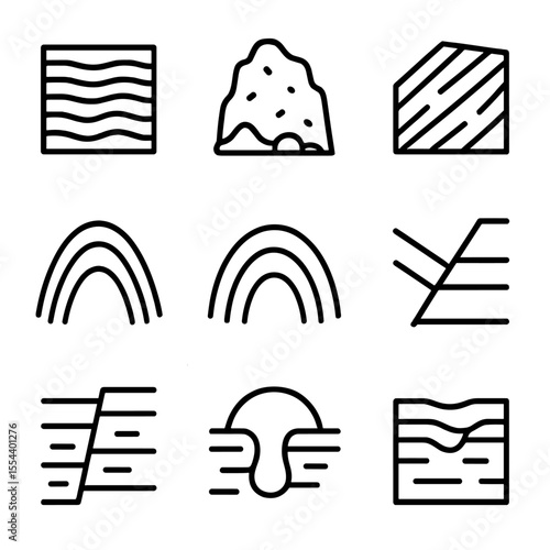 Geological Icon Set. Outline icon set of geological formations: sedimentary layers, igneous outcrop, metamorphic foliation,