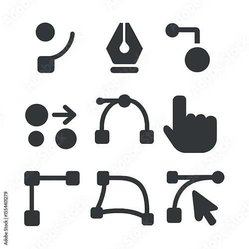 Vector Path Icons. Solid, filled icons set of vector path editing: curve node, pen tool, segment handle, path