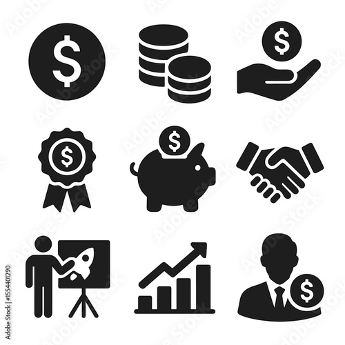 Venture Investment Icons. Solid, filled icons set of venture funding and investment: dollar icon, coin stack,