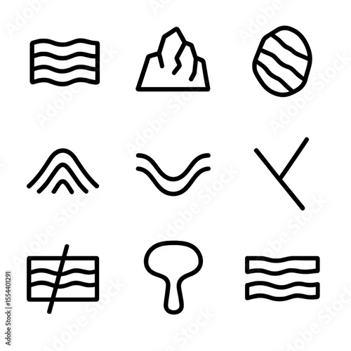 Geological Icon Set. Outline icon set of geological formations: sedimentary layers, igneous outcrop, metamorphic foliation,