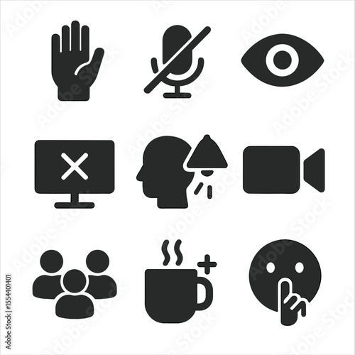 Virtual Classroom Icons. Solid, filled icons set of virtual classroom behavior cues: raise hand icon, mute