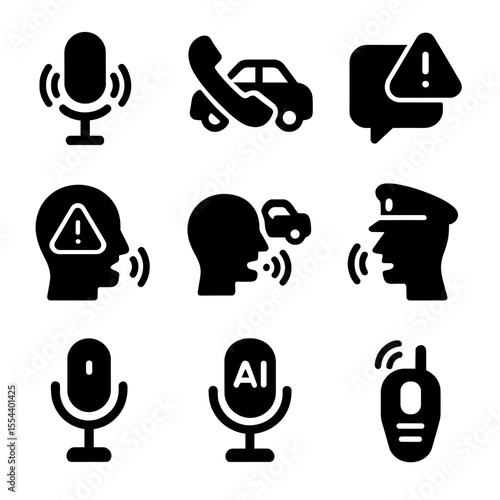 Voice-Activated Emergency Icons. Solid, filled icons set of voice-enabled emergency services: SOS mic,