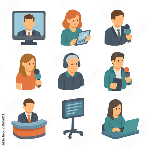 Broadcast Icons Grid. Isometric Flat icon set of on-screen talent: presenter avatar, analyst avatar, reporter avatar, sideline