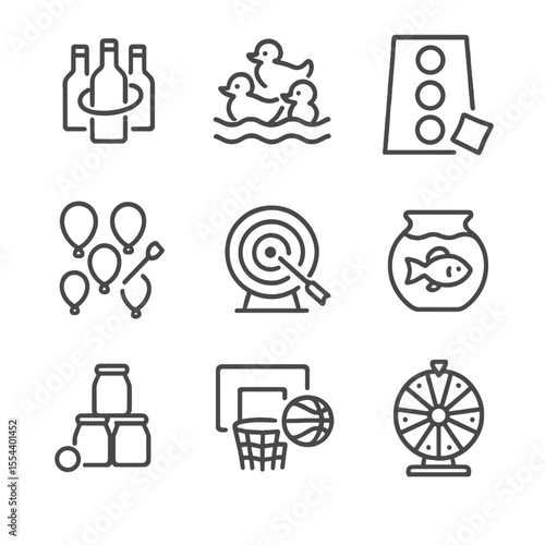 Festival Game Icons. Outline icon set of festival fair games: ring toss bottles, duck pond, bean bag throw, balloon dart, shooting