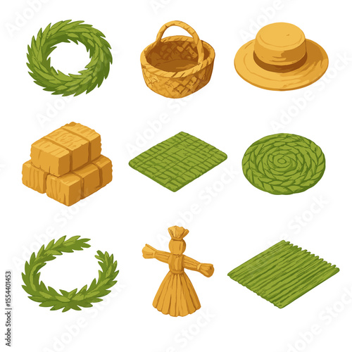 Grass-Based Craft Icons. Isometric Flat icon set of grass-based crafts and decorations: grass wreath, dried grass basket, straw