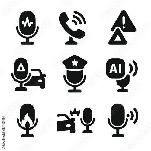 Voice-Activated Emergency Icons. Solid, filled icons set of voice-enabled emergency services: SOS mic,