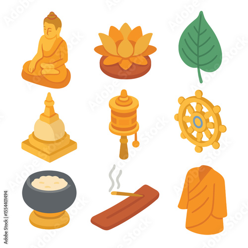 Buddhist Symbolism Icons Set. Isometric Flat icon set of Buddhist symbolism: Buddha statue, lotus throne, Bodhi tree leaf, stupa