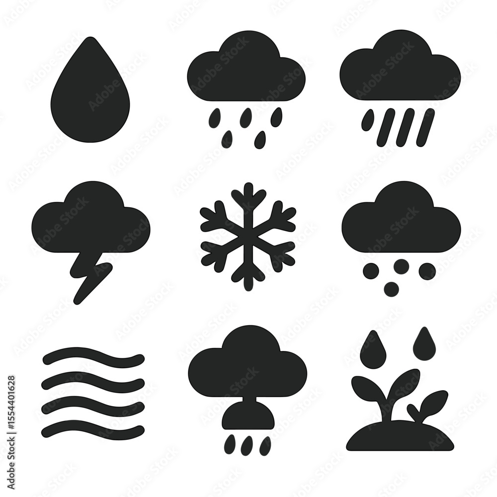Weather Icons Set. Solid, filled icons set of rain and precipitation: raindrop, drizzle cloud, heavy pour, Weather Icons Set. Solid, filled icons set of rain and precipitation: raindrop, drizzle cloud, heavy pour,