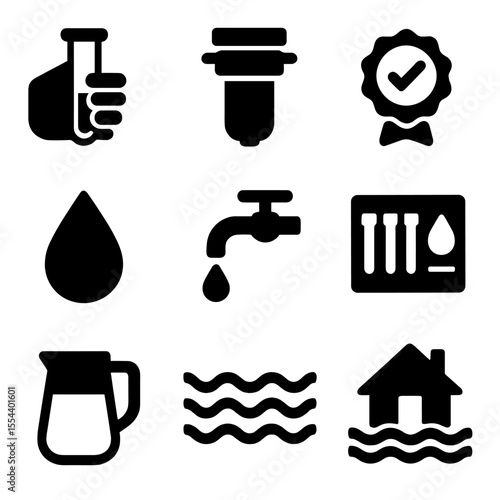 Water Safety Icons. Solid, filled icons set of safe water use after flooding: water test, water filter, safe