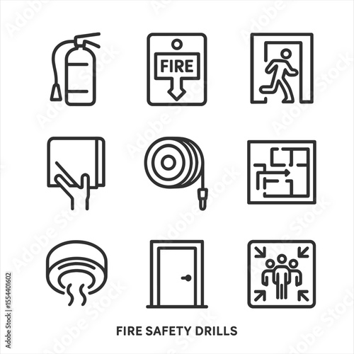 Fire Safety Icons. Outline icon set of fire safety drills: fire extinguisher, fire alarm pull station, exit sign, fire blanket,