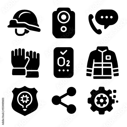 Wearable Firefighter Tech Icons. Solid, filled icons set of wearable firefighter tech: smart helmet, body
