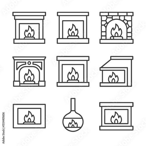 Fireplace Icon Set. Outline icon set of fireplace styles: traditional fireplace, modern fireplace, rustic fireplace, Victorian