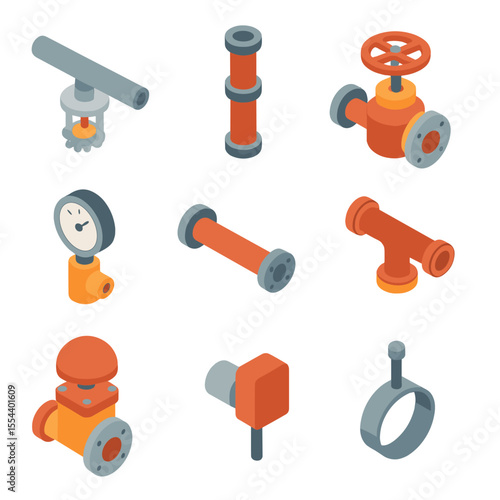 Fire Sprinkler System Icons. Isometric Flat icon set of basement fire sprinkler system: sprinkler head, riser pipe, control valve,