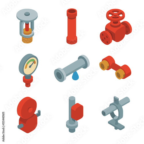Fire Sprinkler System Icons. Isometric Flat icon set of basement fire sprinkler system: sprinkler head, riser pipe, control valve,