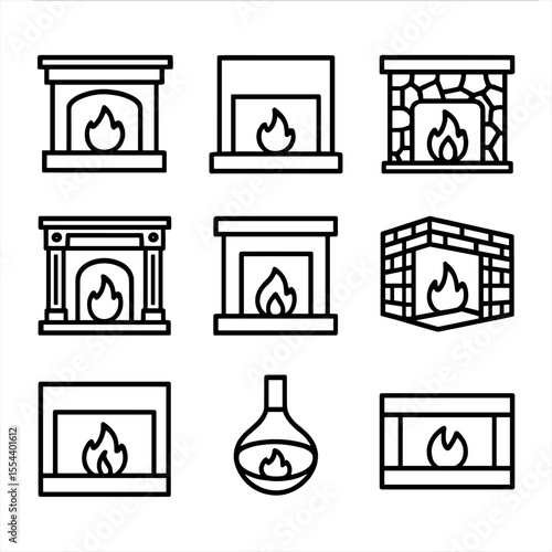 Fireplace Icon Set. Outline icon set of fireplace styles: traditional fireplace, modern fireplace, rustic fireplace, Victorian