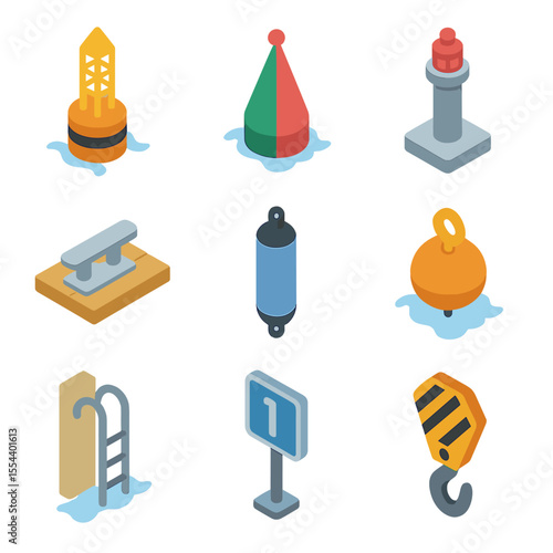 Isometric Harbor Icons. Isometric Flat icon set of harbor markers: channel marker buoy, red–green nun buoy, harbor entrance light,