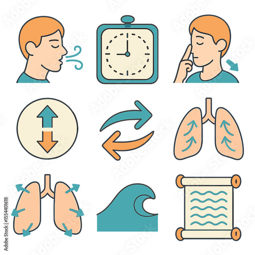 Guided Breathwork Icon Set. Isometric Flat icon set of guided breathwork: deep breath icon, box breathing timer, alternate nostril