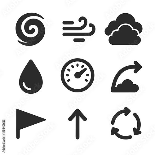 Weather Icon Set. Solid, filled icons set of weather and atmosphere: sky swirl, air current, cloud pattern,