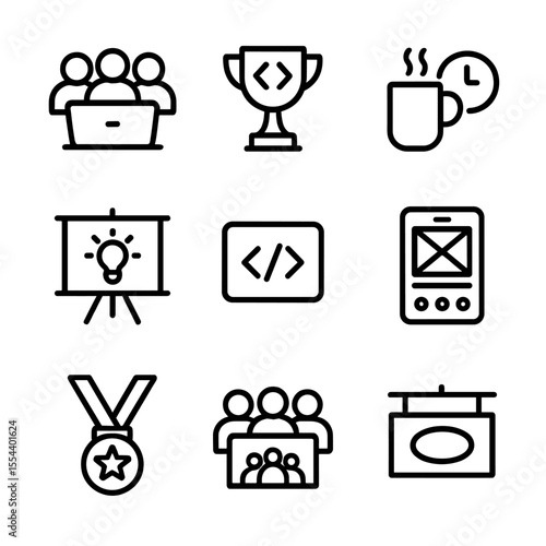 Hackathon Victory Icons. Outline icon set of hackathon team win: laptop group, trophy code, midnight coffee, brainstorming board,