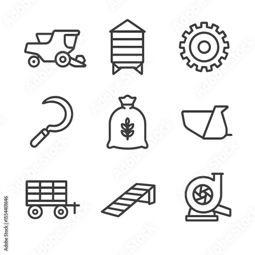 Harvest Equipment Icons. Outline icon set of harvest preparation: combine harvester, grain bin, threshing drum, harvesting sickle,