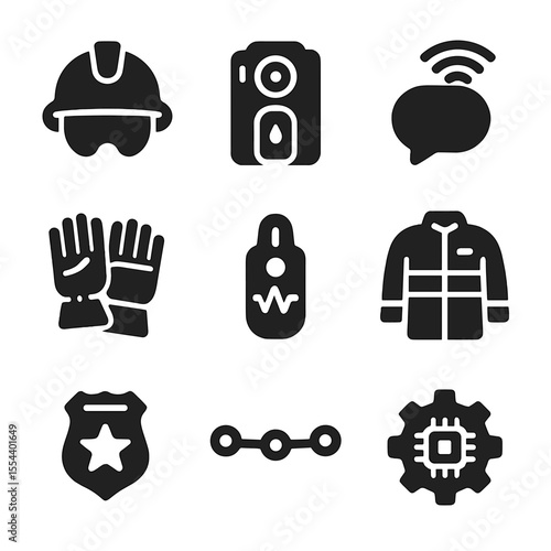 Wearable Firefighter Tech Icons. Solid, filled icons set of wearable firefighter tech: smart helmet, body